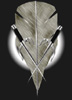 graphic of quill feather standing upright, with two crossed swords over top.  a halo that looks like a chakram is behind the feather.