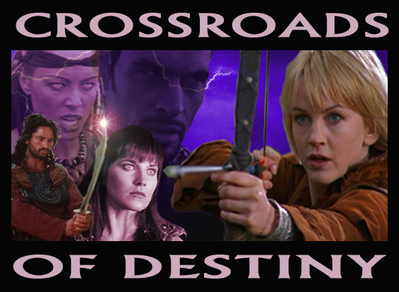Story title Crossroads of Destiny. Valaska, Xena, Ares and Gabrielle are all pictured. Gabrielle has an arrow knotched and Xena is looking at her wide-eyed. Ares is looking at his sword. Valeska has turned into a god.