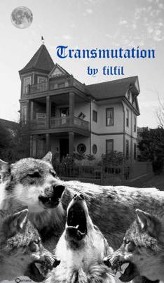 Cover with Wolves and a big, gothic style house. Two stories, with a tured and a balcony over the entrance.