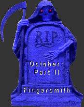 Fingersmith tombstone with RIP as the inscription with the Grim Reaper holding the tombstone.  The Reaper has red eyes.
